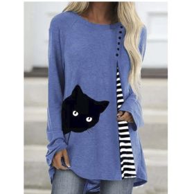 New products for autumn and winter women's tops cat print stitching long-sleeved round neck top - Blue - M
