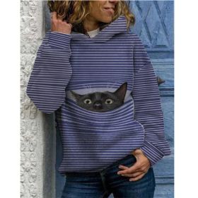 Fashion Women's New Product Sweater Cat Print Striped Hooded Casual Hoodie - Purple - XL
