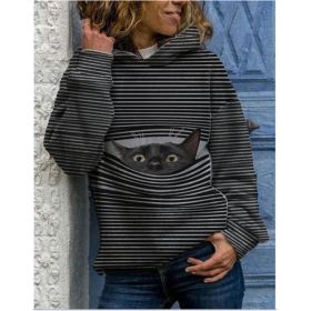 Fashion Women's New Product Sweater Cat Print Striped Hooded Casual Hoodie - Black - XXL
